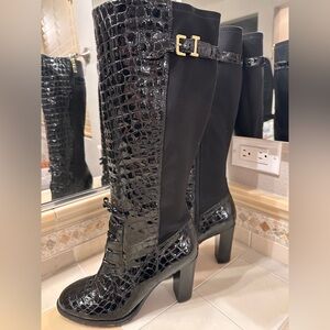 Isaac Mizrahi Black Croc-Embossed Knee-High Boots